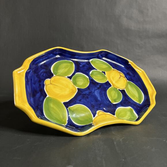 Ceramica Artistica Italy Handled Cake Plate – Lemons on Blue with Yellow Trim - Picture 2 of 8